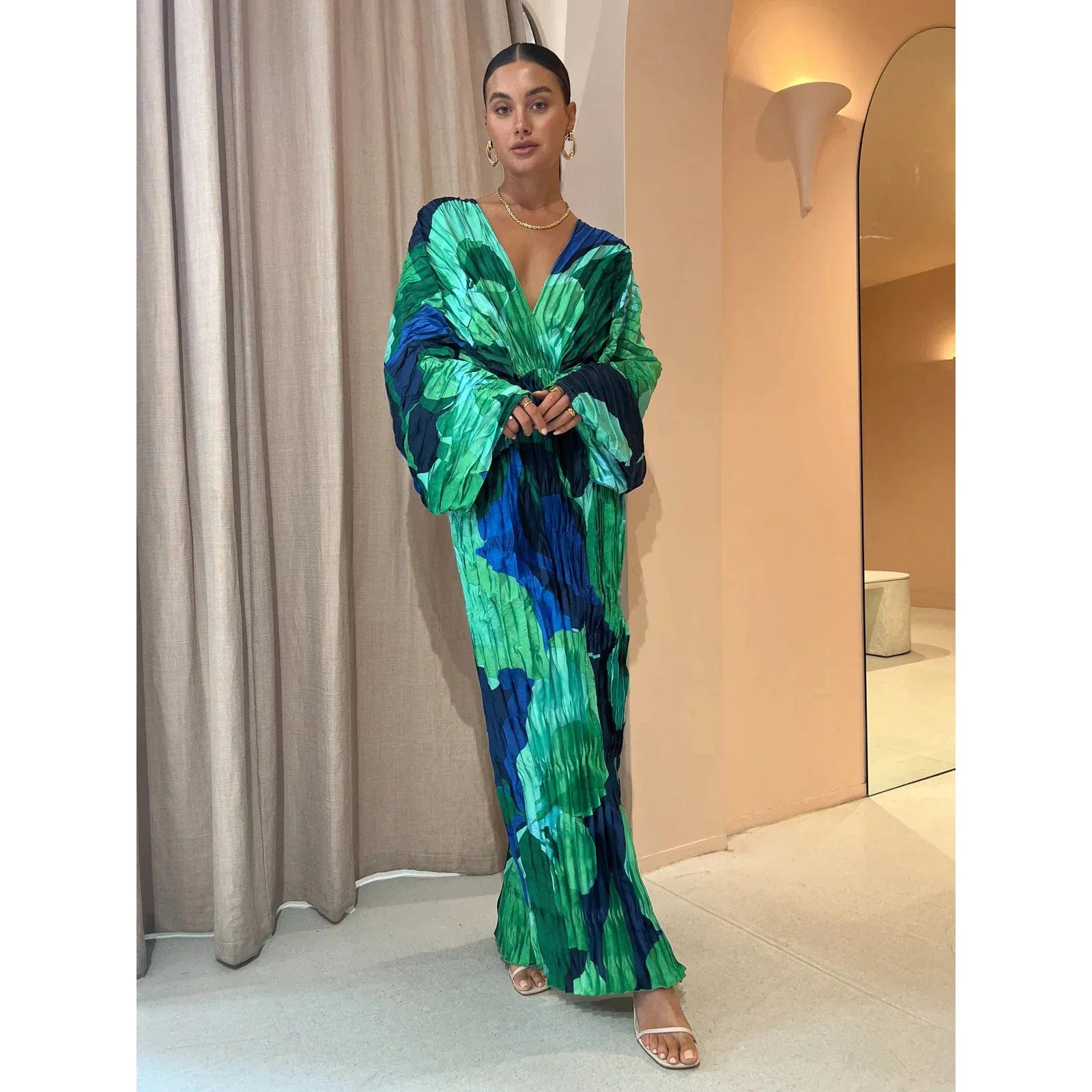 RedPeony 2023 Autumn Chic Vacation Holiday Vestidos Women Patchwork Split Maxi Dresses Elegant V-neck Print Long Sleeve Dress