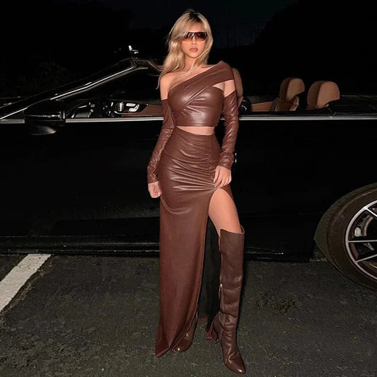 RedPeony 2023 Female Office Pareo Halter Irregular Leather Shrink Fold Women Outlet Tunic Long Vestido Maxi 2 Piece Sets Skirt
