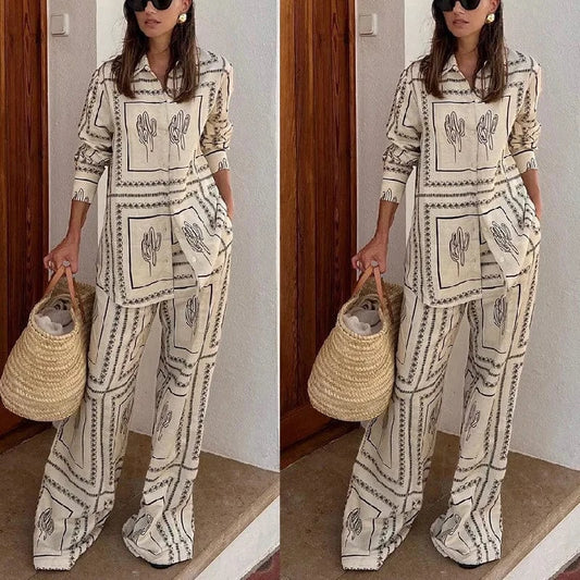 RedPeony Antumn Loose Long Sleeve Turn-down Collar Tops and Elastic Straight Pants Home Suit Women Beige Shirt Pants Set