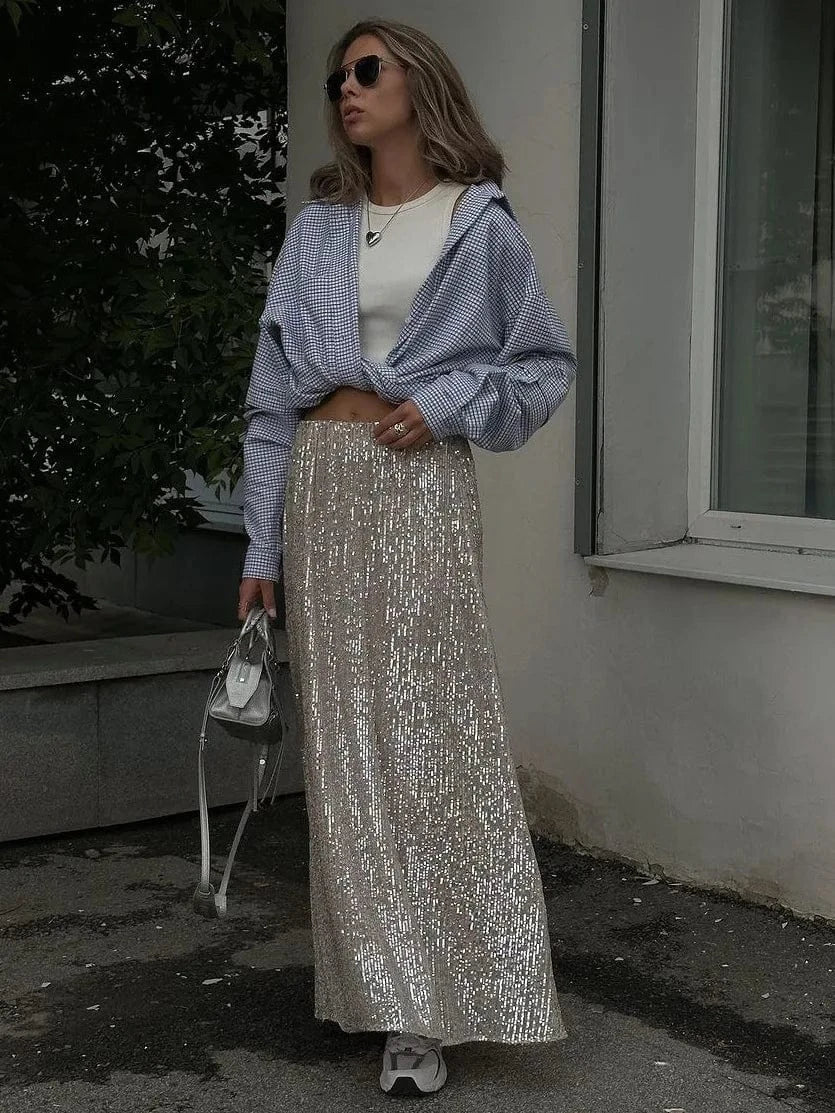 RedPeony Elastic Band Midi Long Sexy Skirt 2023 Women Sexy Club High Fashion A Line High Waisted Hippie Skirts Sequin Skirts