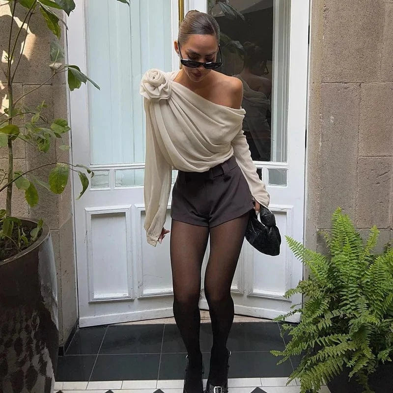 Redpeony See Through Pullover New Women Elegant Fashion Club Cropped Tops Skew Collar Floral Applique Mesh Chiffon Tops
