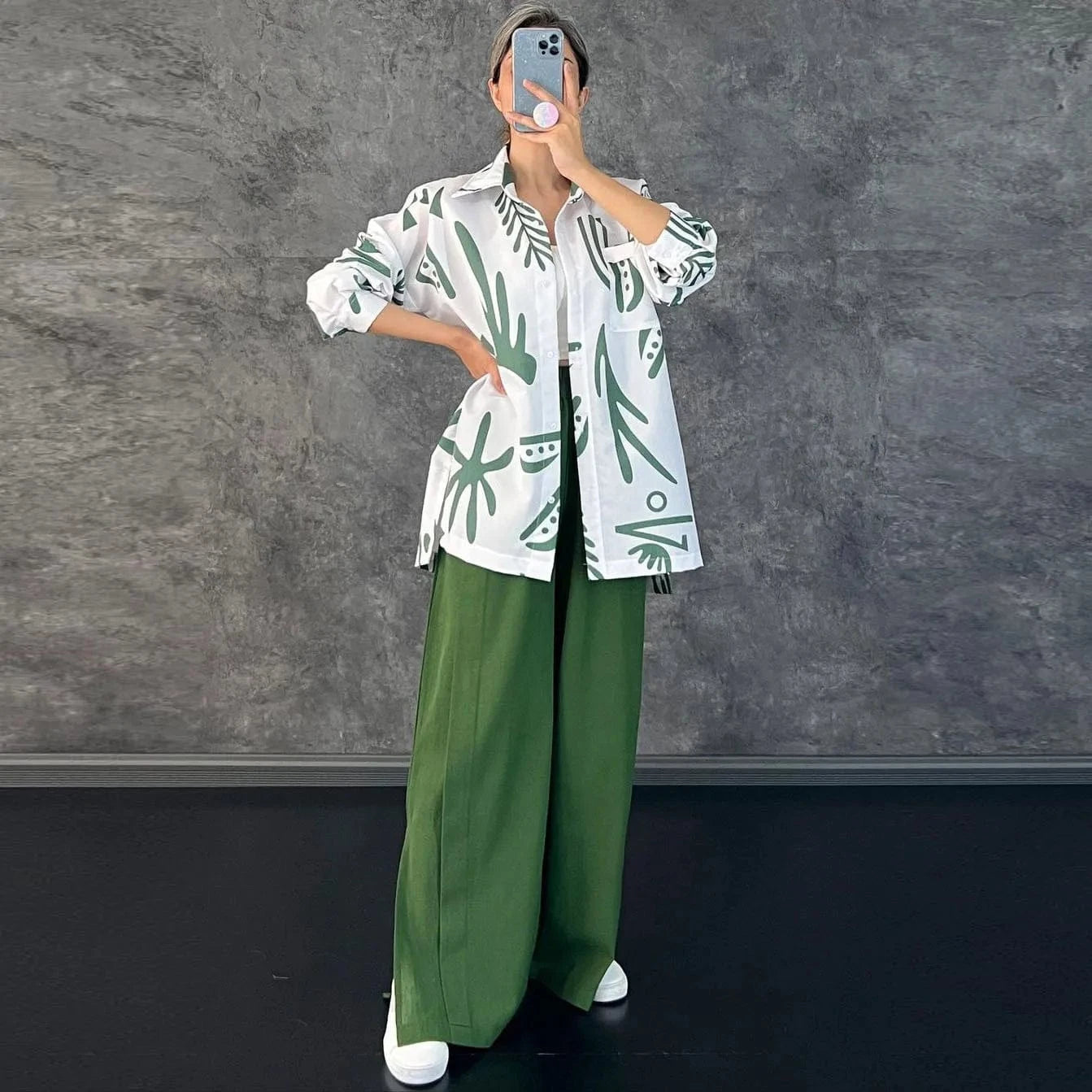 RedPeony Women's Loose Casual Fashion Suit Female Clothes Spring Streetwear Trend Printing Shirt Wide Leg Slit Pants Set