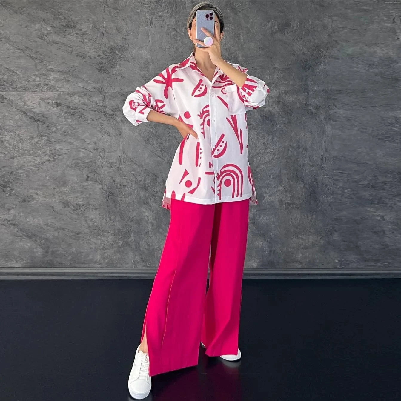 RedPeony Women's Loose Casual Fashion Suit Female Clothes Spring Streetwear Trend Printing Shirt Wide Leg Slit Pants Set