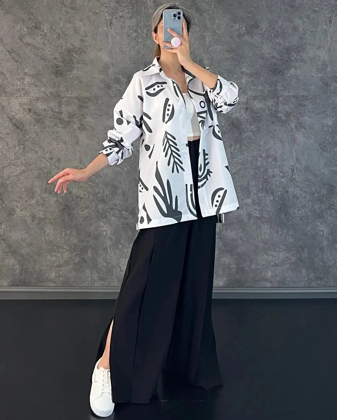 RedPeony Women's Loose Casual Fashion Suit Female Clothes Spring Streetwear Trend Printing Shirt Wide Leg Slit Pants Set