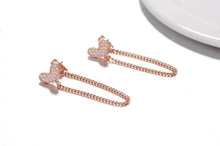 Refined Chic Simple Heart Long Chain Earrings Chain Tassel Hanging Drop Earrings for Women Metal CZ Dangle Pendants Earring