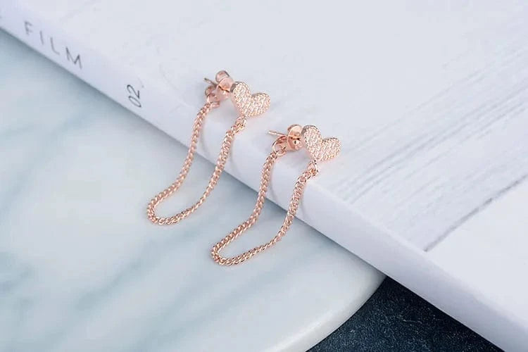 Refined Chic Simple Heart Long Chain Earrings Chain Tassel Hanging Drop Earrings for Women Metal CZ Dangle Pendants Earring