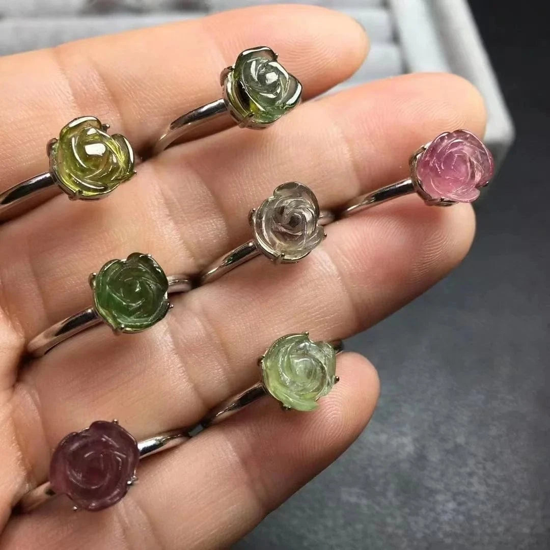 Resizable / as shown 925 sterling silver Fashion healing crystal gemstone jewelry gem toumarline rose flower ring