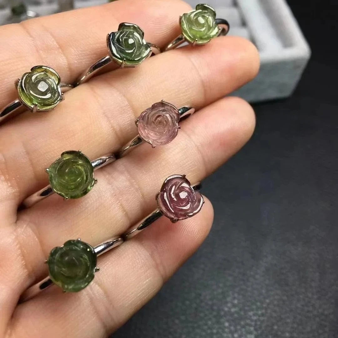Resizable / as shown 925 sterling silver Fashion healing crystal gemstone jewelry gem toumarline rose flower ring