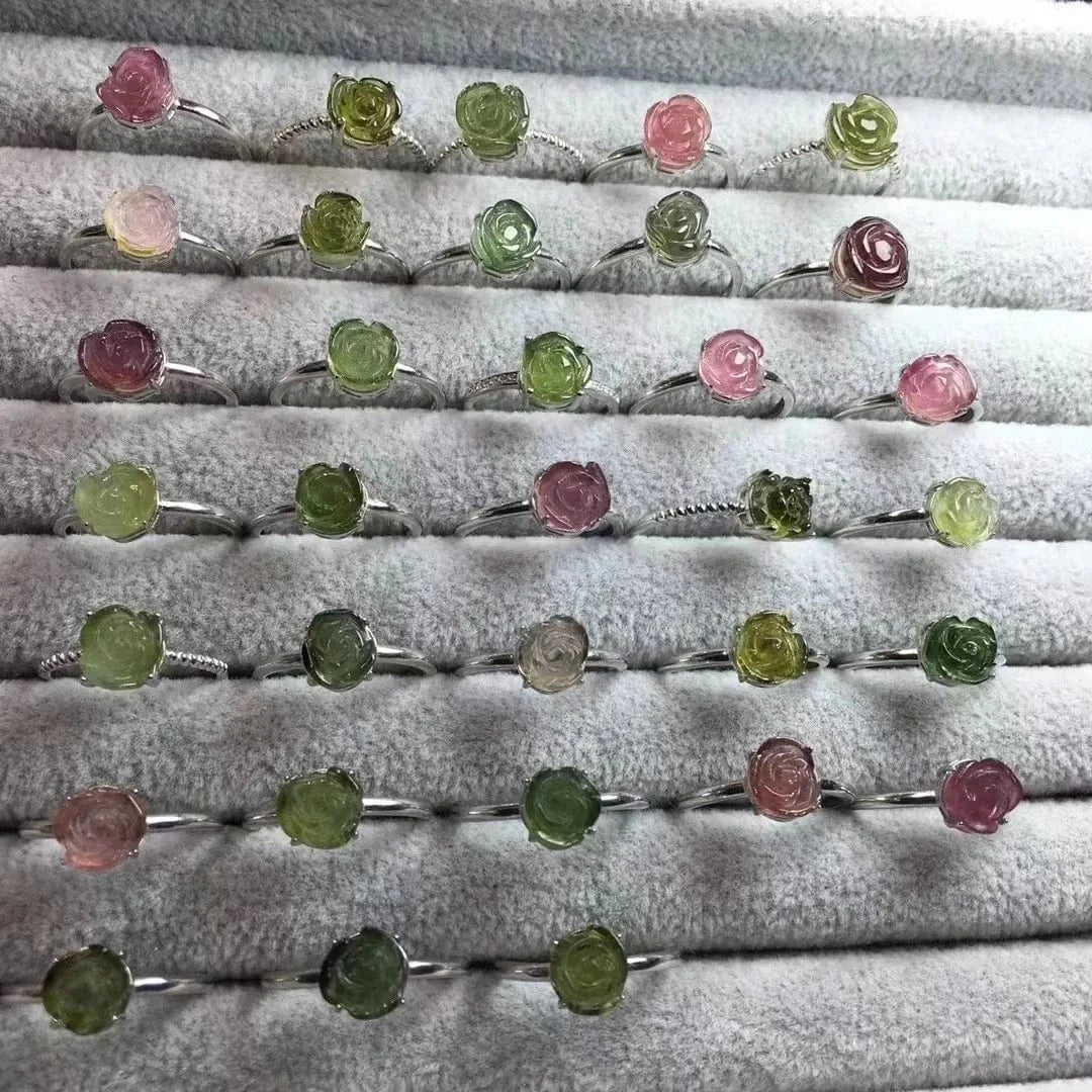 Resizable / as shown 925 sterling silver Fashion healing crystal gemstone jewelry gem toumarline rose flower ring