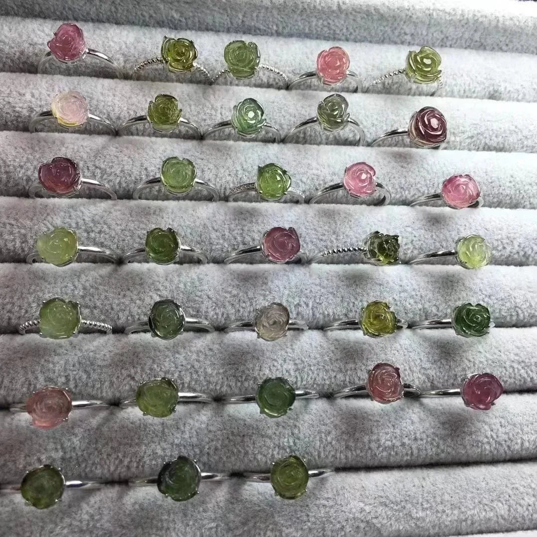 Resizable / as shown 925 sterling silver Fashion healing crystal gemstone jewelry gem toumarline rose flower ring