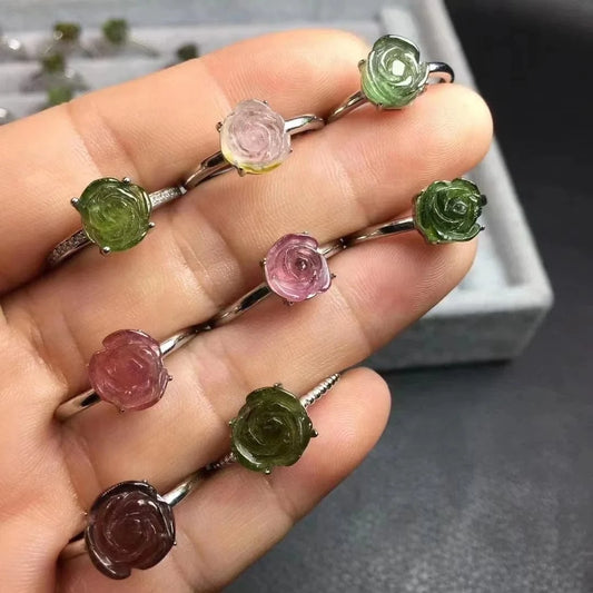 Resizable / as shown 925 sterling silver Fashion healing crystal gemstone jewelry gem toumarline rose flower ring