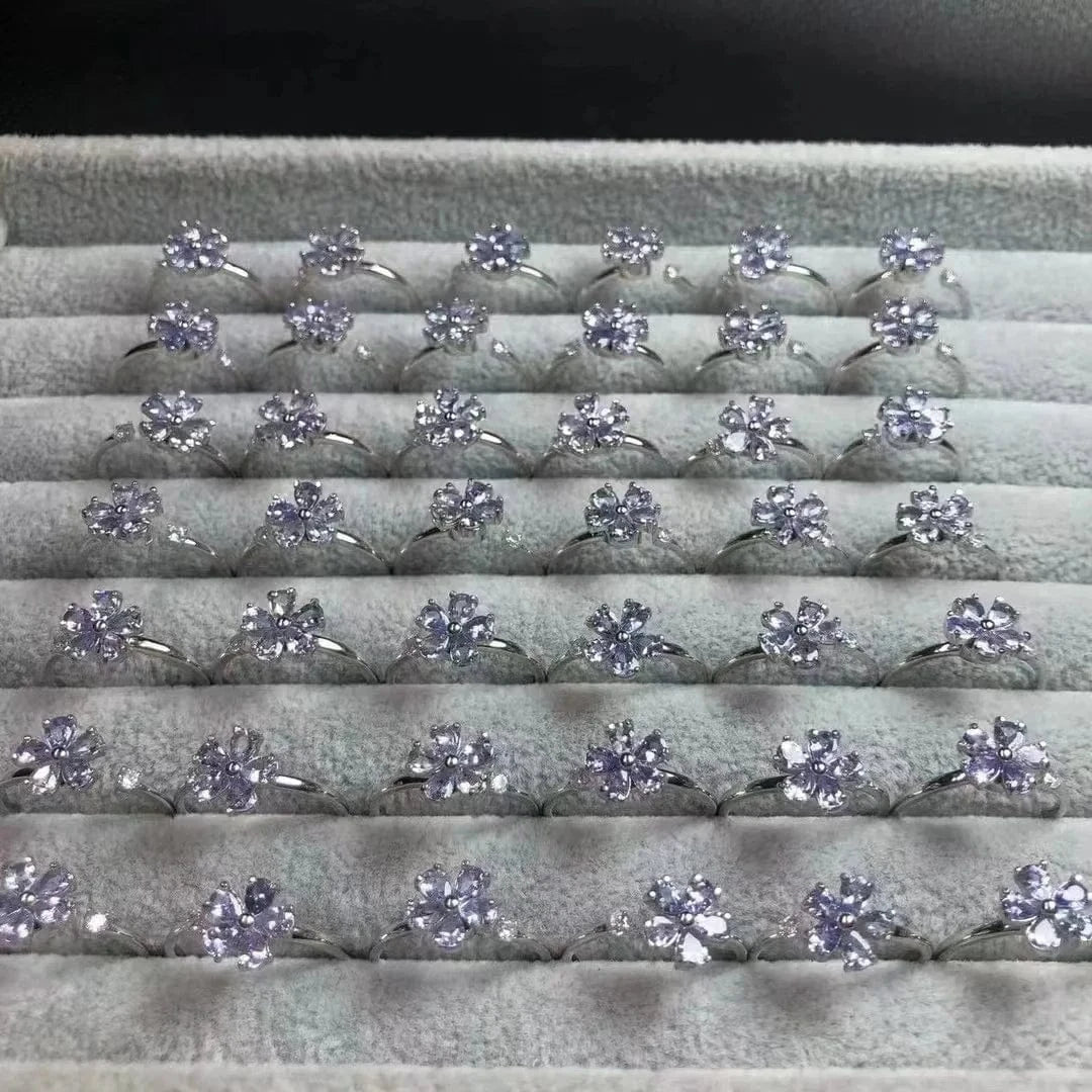 Resizable / as shown 925 Sterling Silver flower fine Jewelry Natural Healing Stones Crystal  faceted tanzanite  Ring