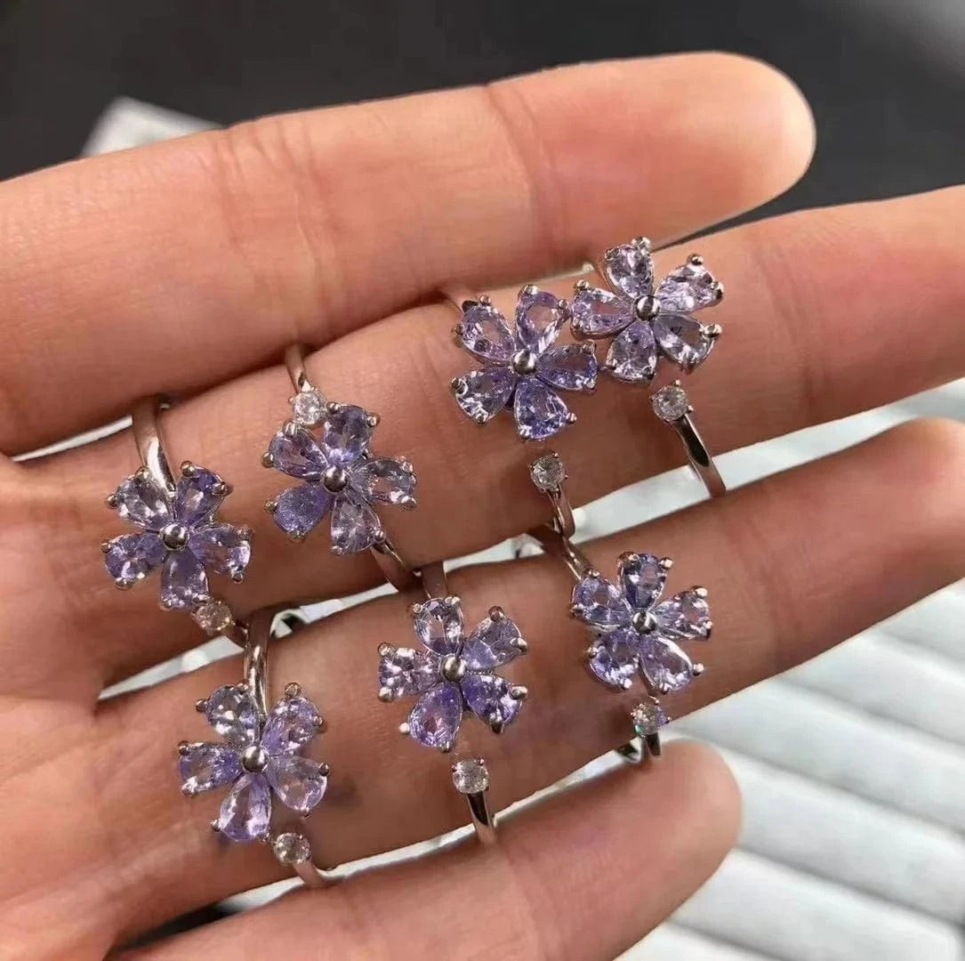 Resizable / as shown 925 Sterling Silver flower fine Jewelry Natural Healing Stones Crystal  faceted tanzanite  Ring
