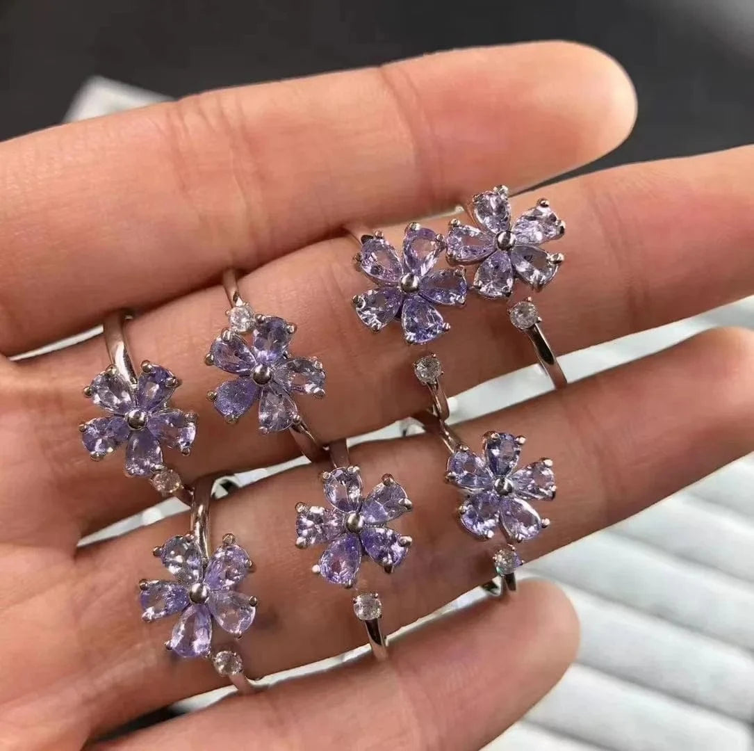 Resizable / as shown 925 Sterling Silver flower fine Jewelry Natural Healing Stones Crystal  faceted tanzanite  Ring
