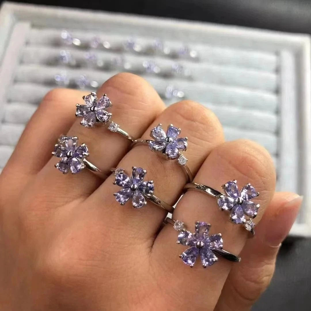 Resizable / as shown 925 Sterling Silver flower fine Jewelry Natural Healing Stones Crystal  faceted tanzanite  Ring