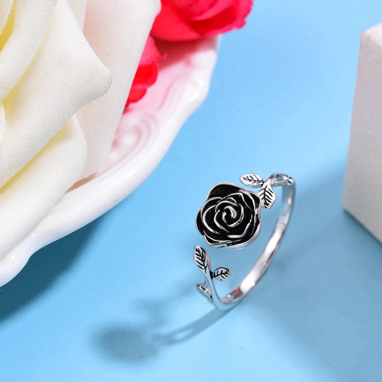 Resizable / Black Amazon Hot Selling 18k white rose gold plated 925 Sterling Silver Jewelry flower Ring