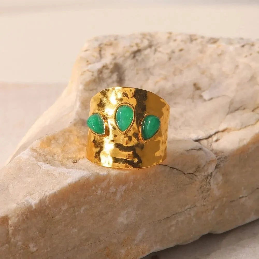 Resizable / Cute / R2020 R2020 3 Irregular Green Natural Stone Chunky Hammered 18K Gold Plated Stainless Steel Opening Ring