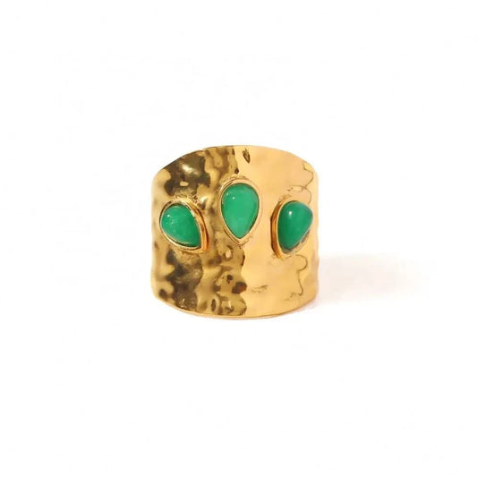 Resizable / Cute / R2020 R2020 3 Irregular Green Natural Stone Chunky Hammered 18K Gold Plated Stainless Steel Opening Ring