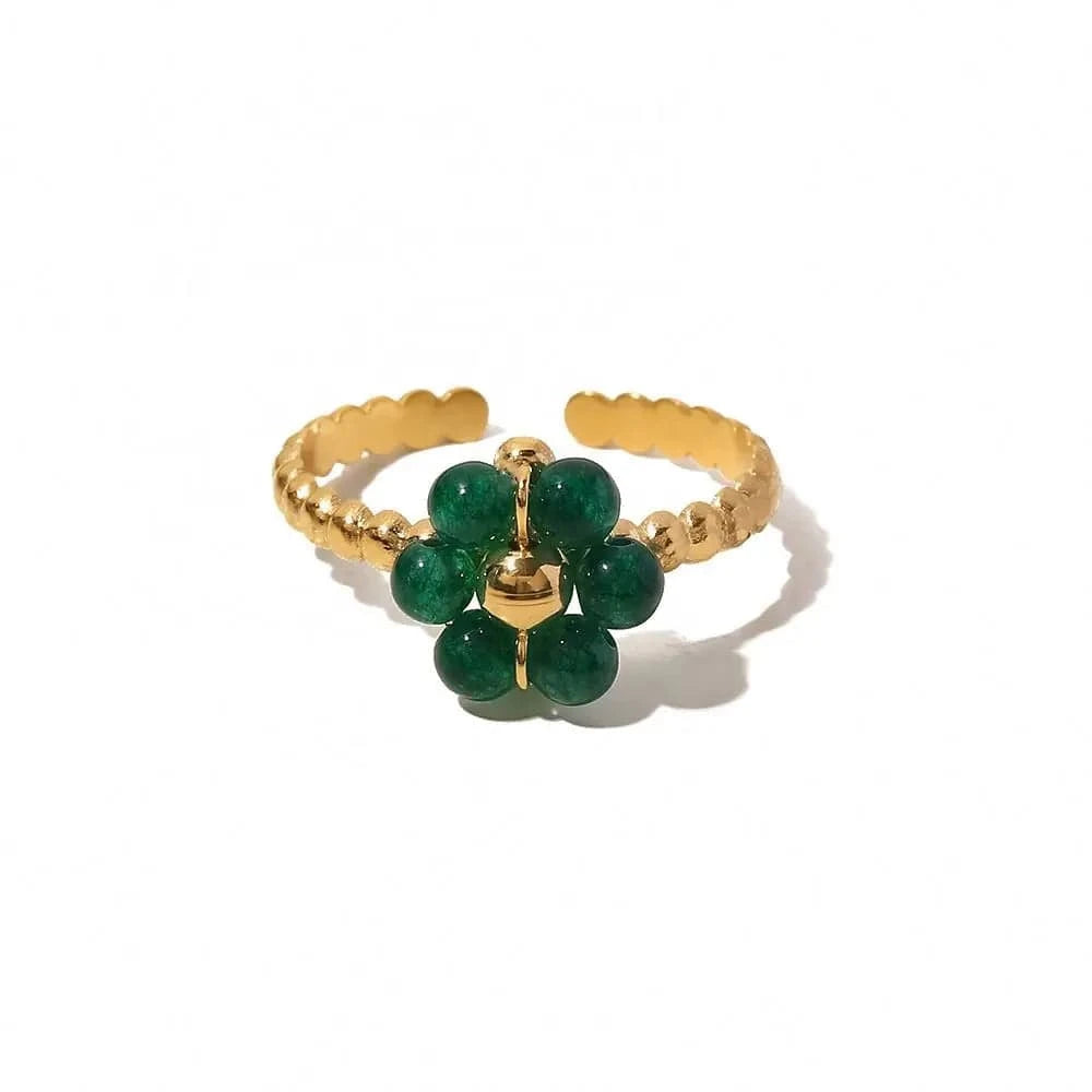 Resizable / Cute / R2072 R2072 Green Sunflower Natural Stone18K Gold Plated Stainless Steel Adjustable Rings Dainty Fashion Jewelry Rings