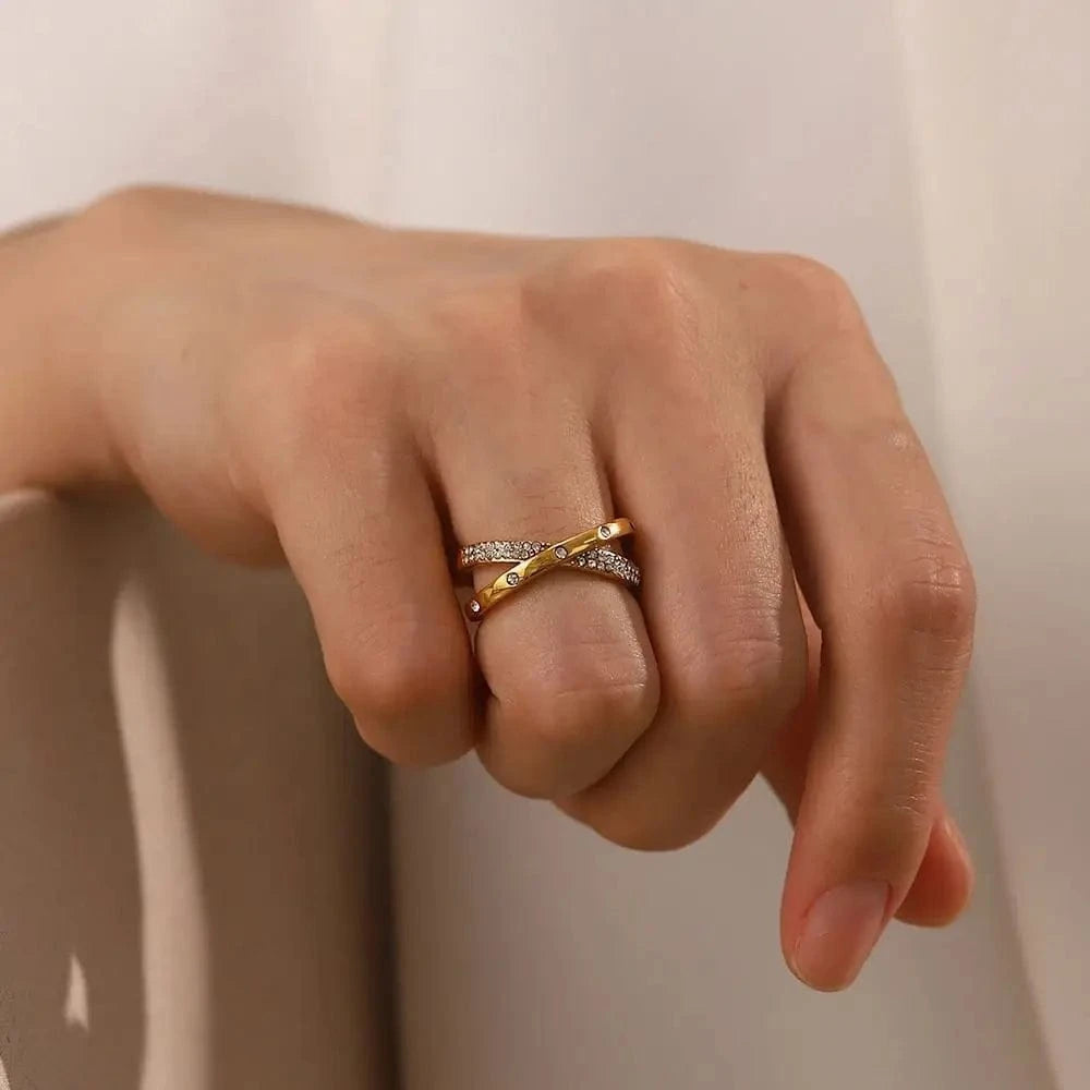 Resizable / Cute / R2074 R2074 2 Layer White Shiny Diamond X Cross 18K Gold Plated Stainless Steel Opening Rings Fashion Jewelry