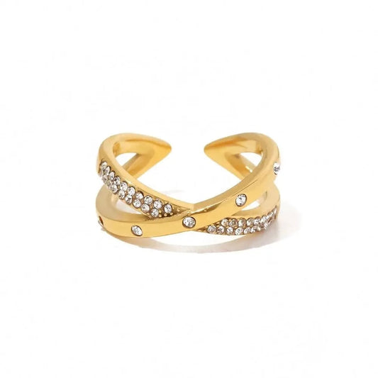 Resizable / Cute / R2074 R2074 2 Layer White Shiny Diamond X Cross 18K Gold Plated Stainless Steel Opening Rings Fashion Jewelry
