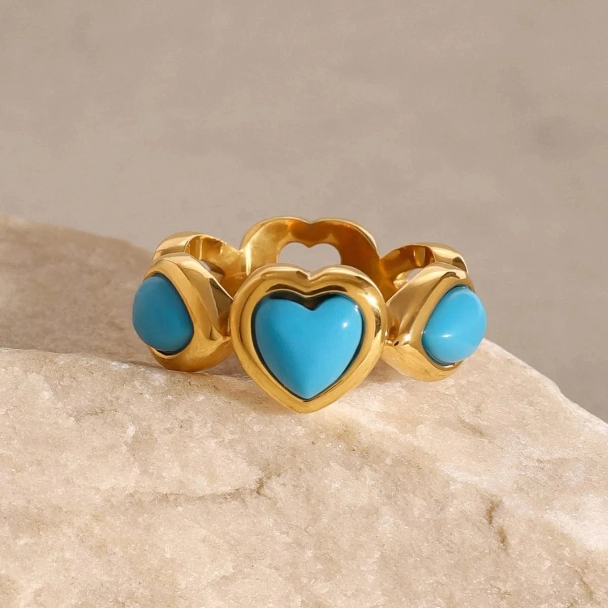 Resizable / Cute / R2476 R2476 Synthetic Connected Glue Heart Shape Blue Synthetic Turquoise Ring Pearl 18K PVD Stainless Steel  Ring
