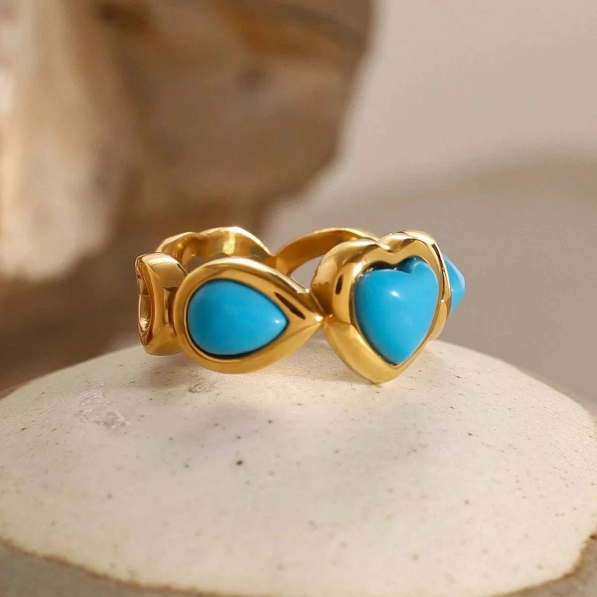 Resizable / Cute / R2476 R2476 Synthetic Connected Glue Heart Shape Blue Synthetic Turquoise Ring Pearl 18K PVD Stainless Steel  Ring