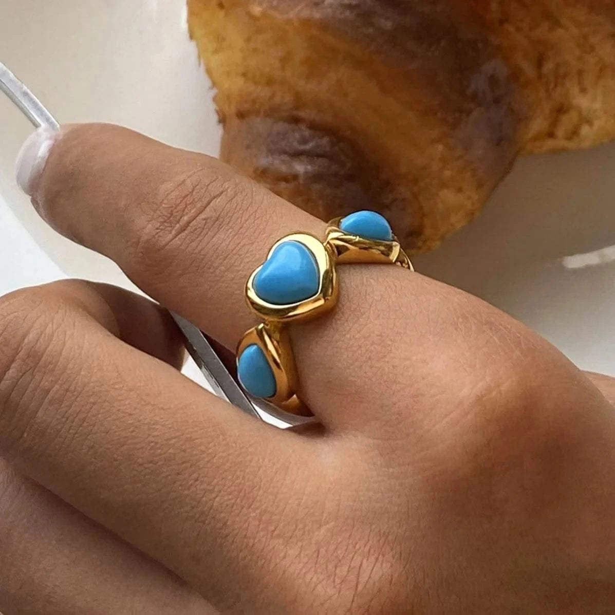 Resizable / Cute / R2476 R2476 Synthetic Connected Glue Heart Shape Blue Synthetic Turquoise Ring Pearl 18K PVD Stainless Steel  Ring