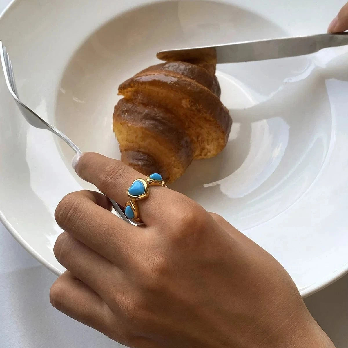 Resizable / Cute / R2476 R2476 Synthetic Connected Glue Heart Shape Blue Synthetic Turquoise Ring Pearl 18K PVD Stainless Steel  Ring