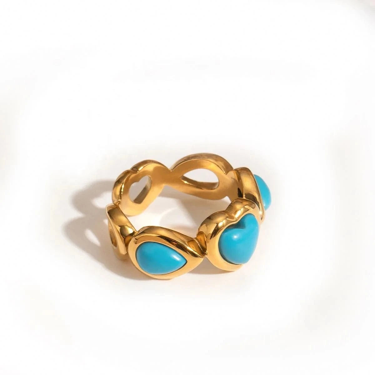 Resizable / Cute / R2476 R2476 Synthetic Connected Glue Heart Shape Blue Synthetic Turquoise Ring Pearl 18K PVD Stainless Steel  Ring