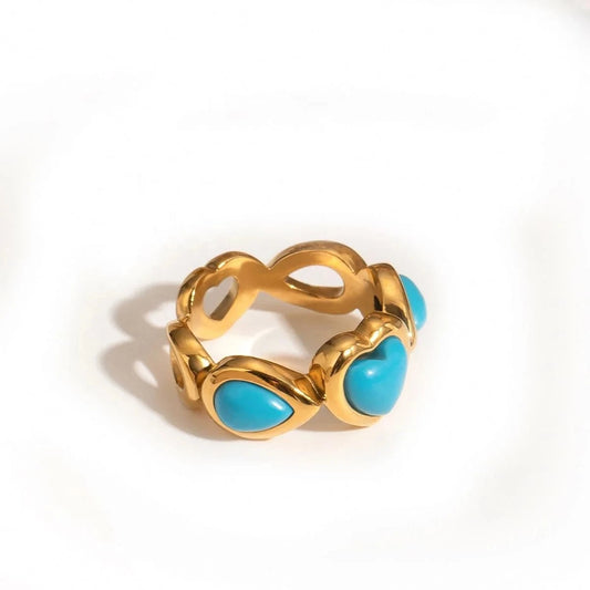 Resizable / Cute / R2476 R2476 Synthetic Connected Glue Heart Shape Blue Synthetic Turquoise Ring Pearl 18K PVD Stainless Steel  Ring