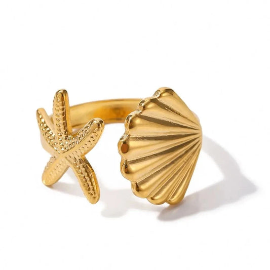 Resizable / Dainty / R1910 R1910 Ins Ocean Style Stainless Steel 18K PVD Plated  Shell and Starfish Rings Tarnish Free Rings  For Girls