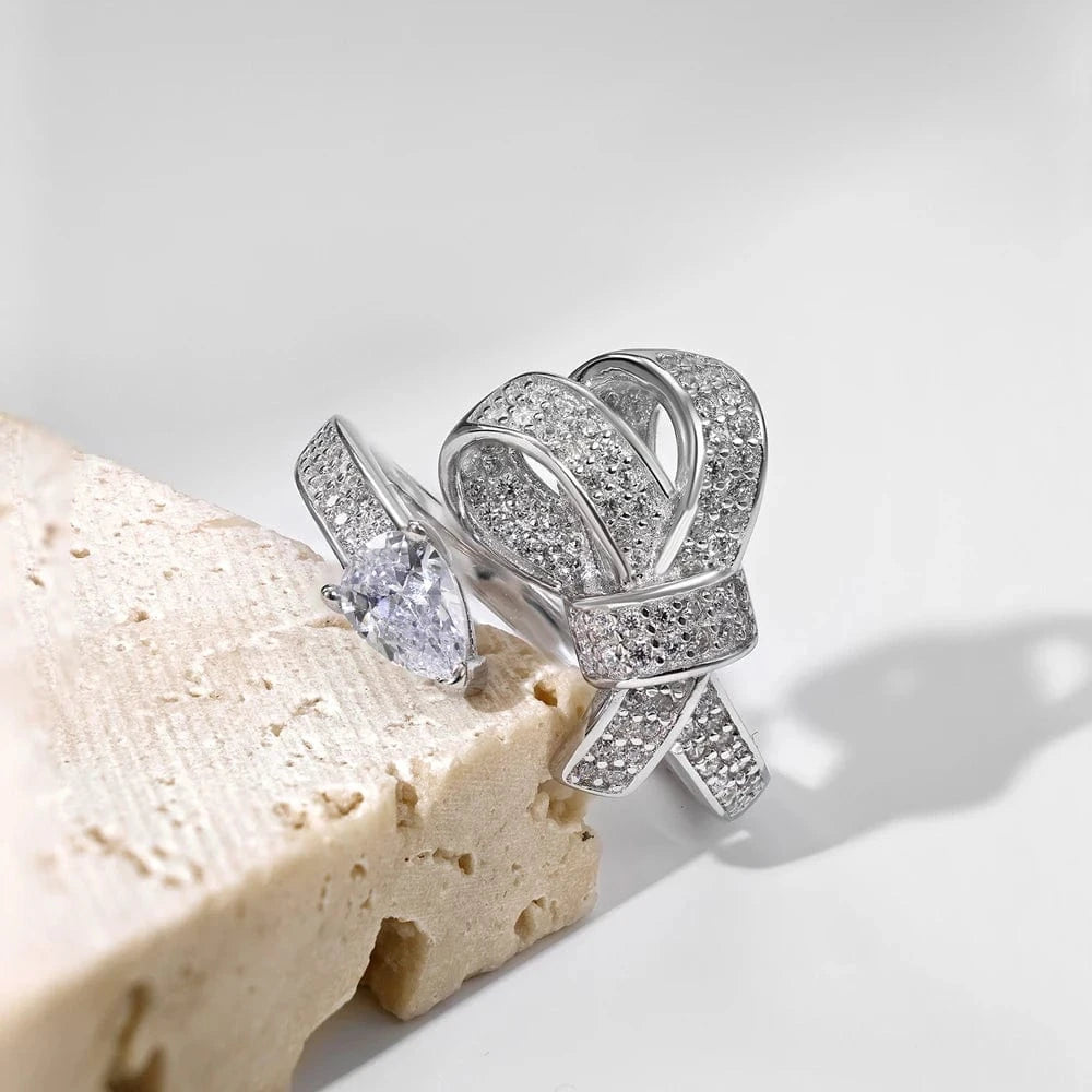 Resizable / DY120804-S-W-WH Dylam New Arrival Stylish S925 Silver Jewelry Rhodium Plated Resizable 5A Cubic Zirconia Sparkling Adjustable Bow Tie Rings