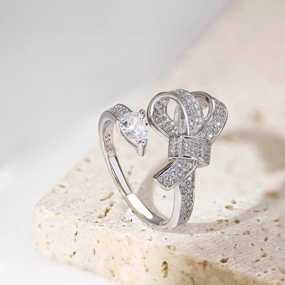 Resizable / DY120804-S-W-WH Dylam New Arrival Stylish S925 Silver Jewelry Rhodium Plated Resizable 5A Cubic Zirconia Sparkling Adjustable Bow Tie Rings