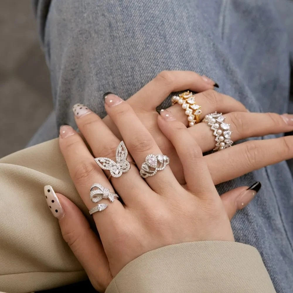 Resizable / DY120804-S-W-WH Dylam New Arrival Stylish S925 Silver Jewelry Rhodium Plated Resizable 5A Cubic Zirconia Sparkling Adjustable Bow Tie Rings