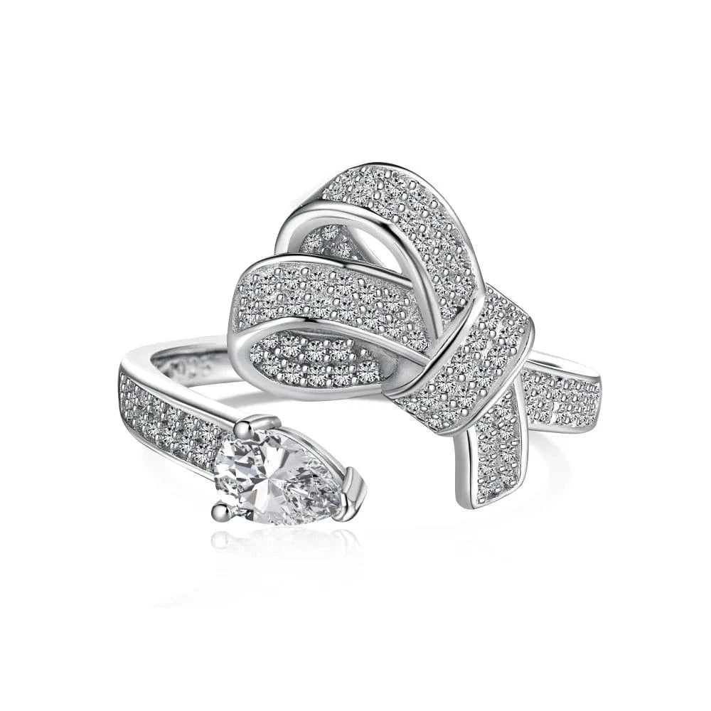 Resizable / DY120804-S-W-WH Dylam New Arrival Stylish S925 Silver Jewelry Rhodium Plated Resizable 5A Cubic Zirconia Sparkling Adjustable Bow Tie Rings