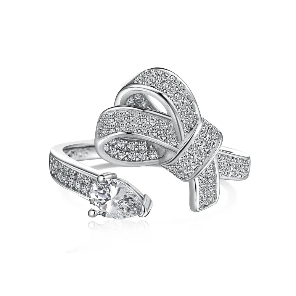 Resizable / DY120804-S-W-WH Dylam New Arrival Stylish S925 Silver Jewelry Rhodium Plated Resizable 5A Cubic Zirconia Sparkling Adjustable Bow Tie Rings