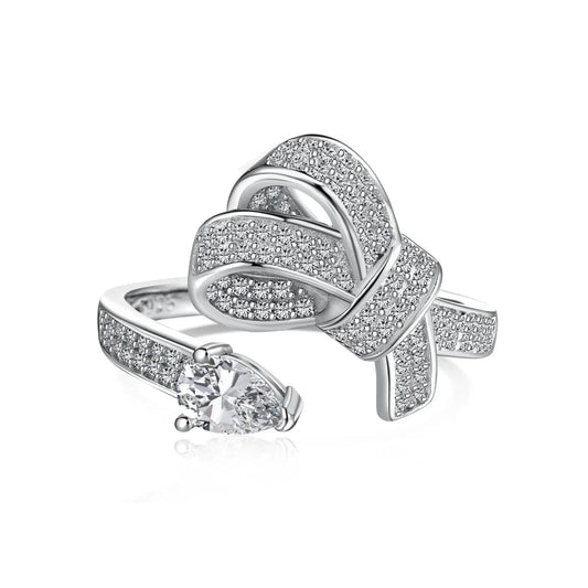 Resizable / DY120804-S-W-WH Dylam New Arrival Stylish S925 Silver Jewelry Rhodium Plated Resizable 5A Cubic Zirconia Sparkling Adjustable Bow Tie Rings