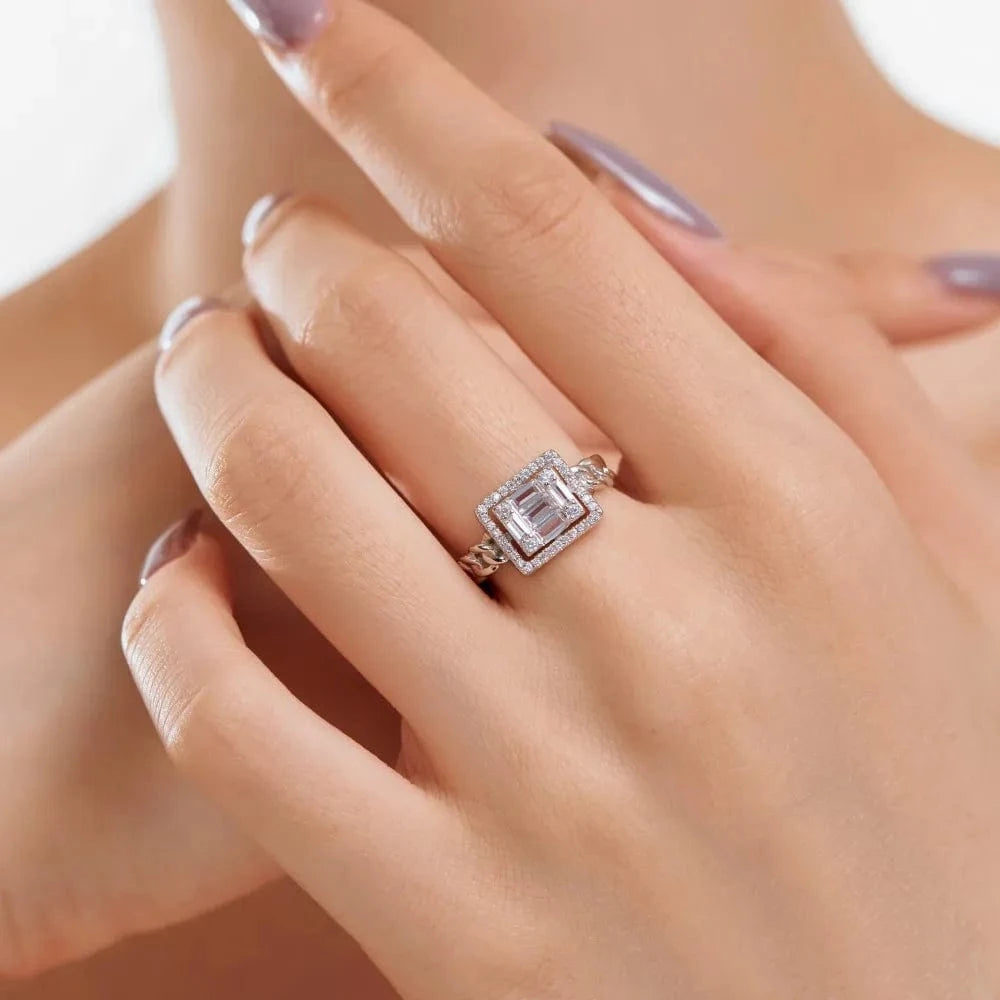 Resizable / DY120831-S-W-WH Dylam Striking Fine Fashionable Jewelry Solid Sterling Silver Rhodium Plated Wide Baguette 5A Cubic Zirconia Open Rings