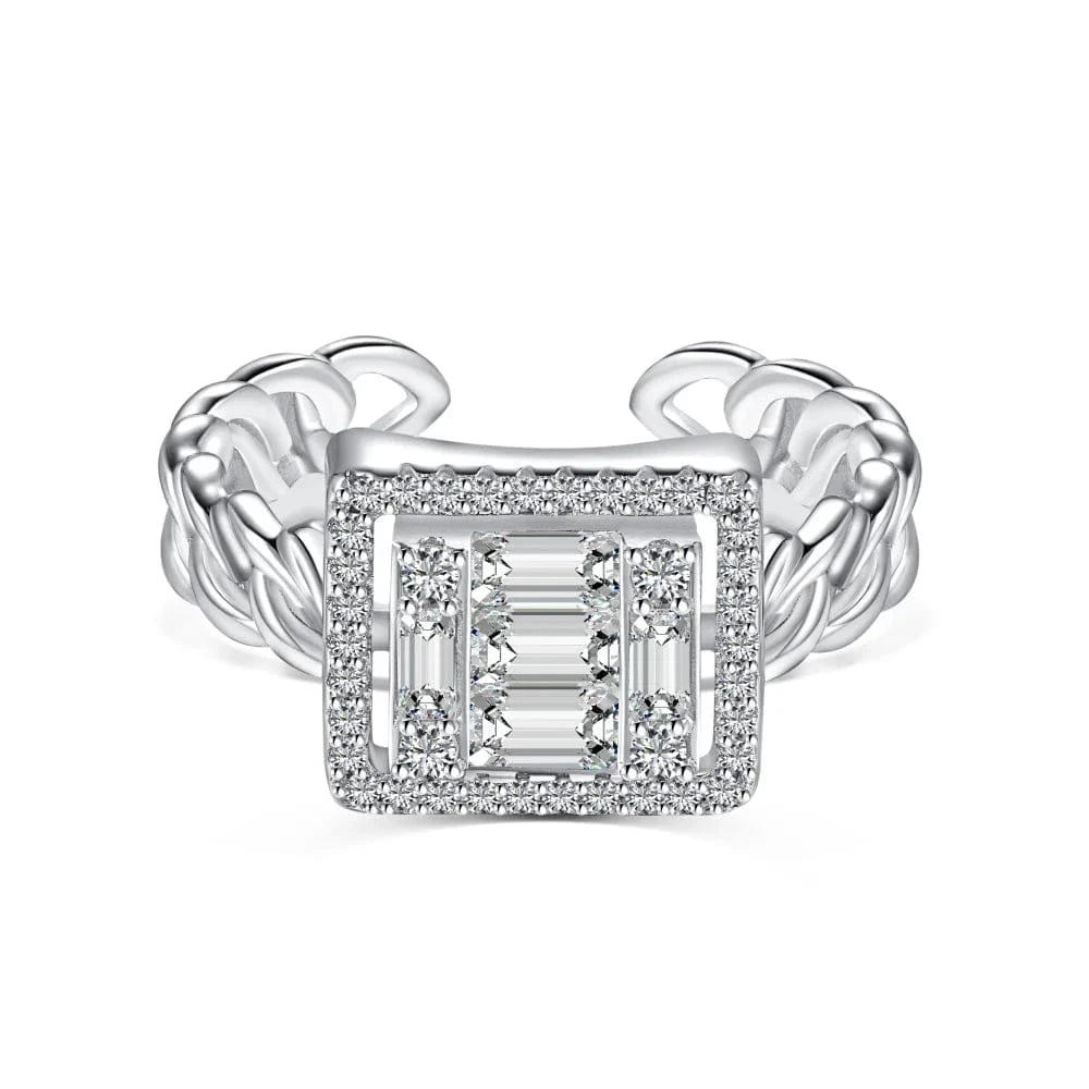 Resizable / DY120831-S-W-WH Dylam Striking Fine Fashionable Jewelry Solid Sterling Silver Rhodium Plated Wide Baguette 5A Cubic Zirconia Open Rings