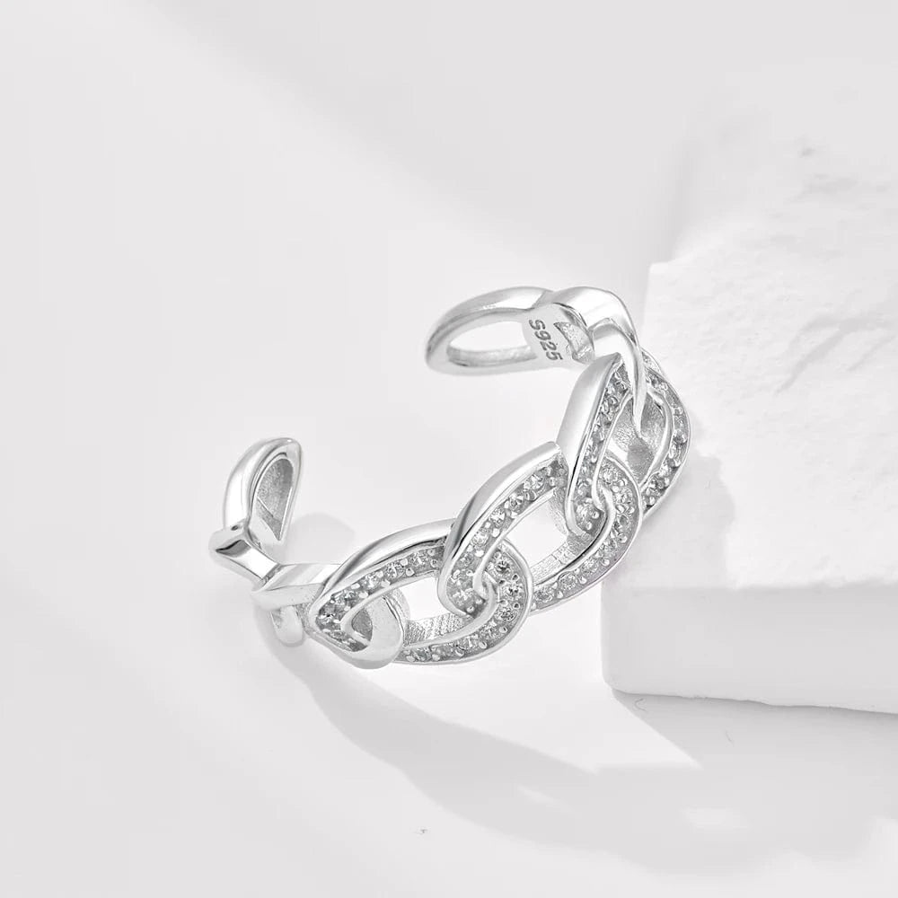 Resizable / DY120868-S-W-WH Dylam High Quality Non Tarnish S925 Silver Rhodium Plated Cuban Link Chain 5A Cubic Zirconia Open Adjustable Jewelry Rings