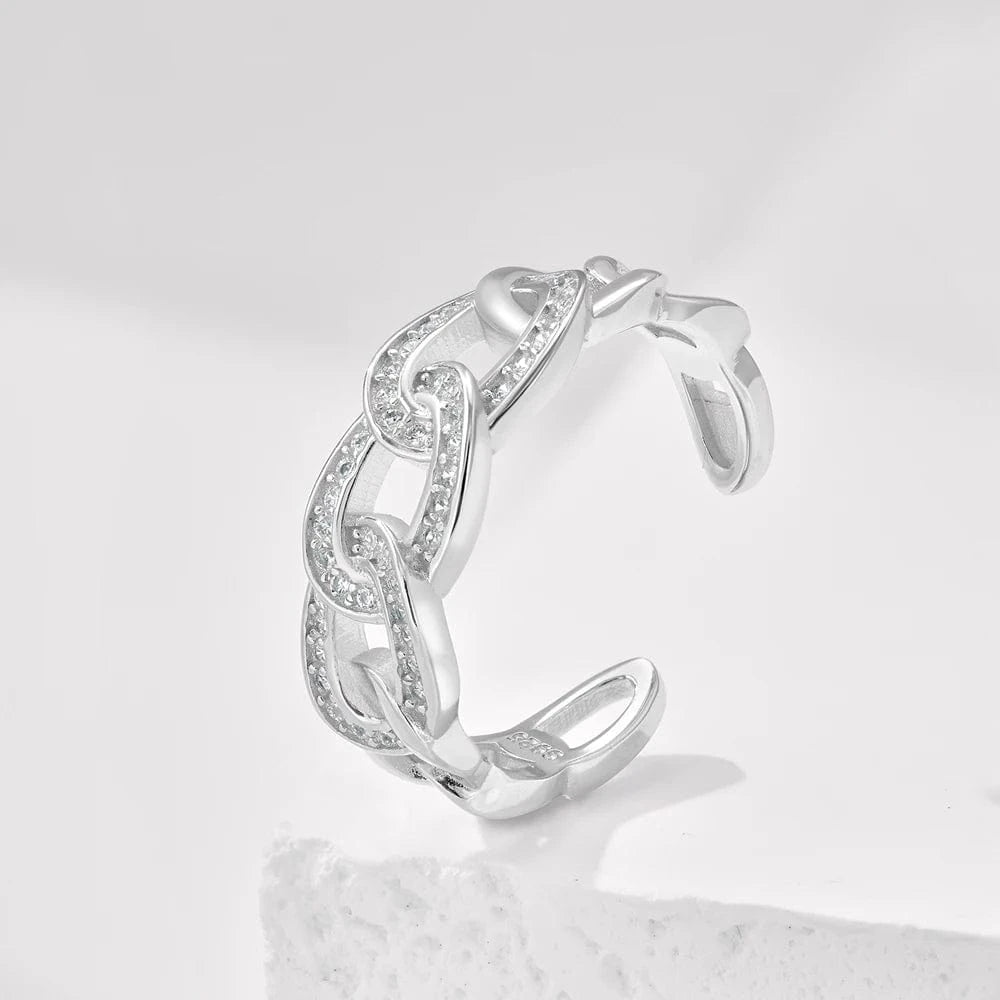 Resizable / DY120868-S-W-WH Dylam High Quality Non Tarnish S925 Silver Rhodium Plated Cuban Link Chain 5A Cubic Zirconia Open Adjustable Jewelry Rings
