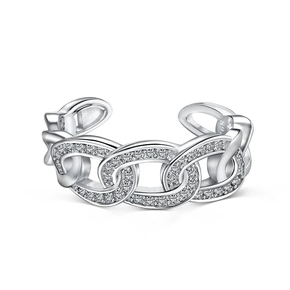 Resizable / DY120868-S-W-WH Dylam High Quality Non Tarnish S925 Silver Rhodium Plated Cuban Link Chain 5A Cubic Zirconia Open Adjustable Jewelry Rings