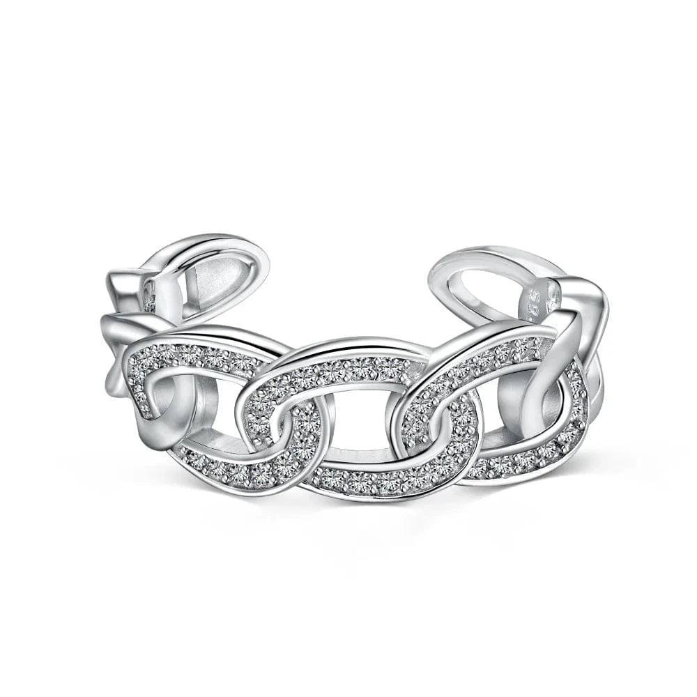 Resizable / DY120868-S-W-WH Dylam High Quality Non Tarnish S925 Silver Rhodium Plated Cuban Link Chain 5A Cubic Zirconia Open Adjustable Jewelry Rings