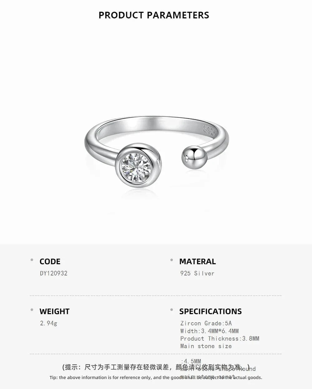 Resizable / DY120932-S-W-WH Dylam Best Selling Trendy 925 Sterling Silver Ring Round Diamond Cz Cubic Zirconia Adjustable Open Rings For Women