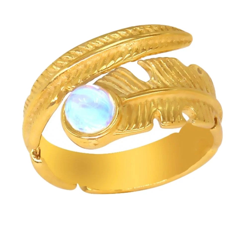 Resizable / Fahionable Jewelry / YS774 Gold Color Ring FANJIN Cubic Zirconia Metal Stainless Steel Waterproof Feather Fashion Gold Color Ring for Women Charm Stylish Jewelry Bijoux