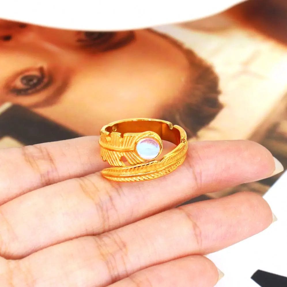 Resizable / Fahionable Jewelry / YS774 Gold Color Ring FANJIN Cubic Zirconia Metal Stainless Steel Waterproof Feather Fashion Gold Color Ring for Women Charm Stylish Jewelry Bijoux