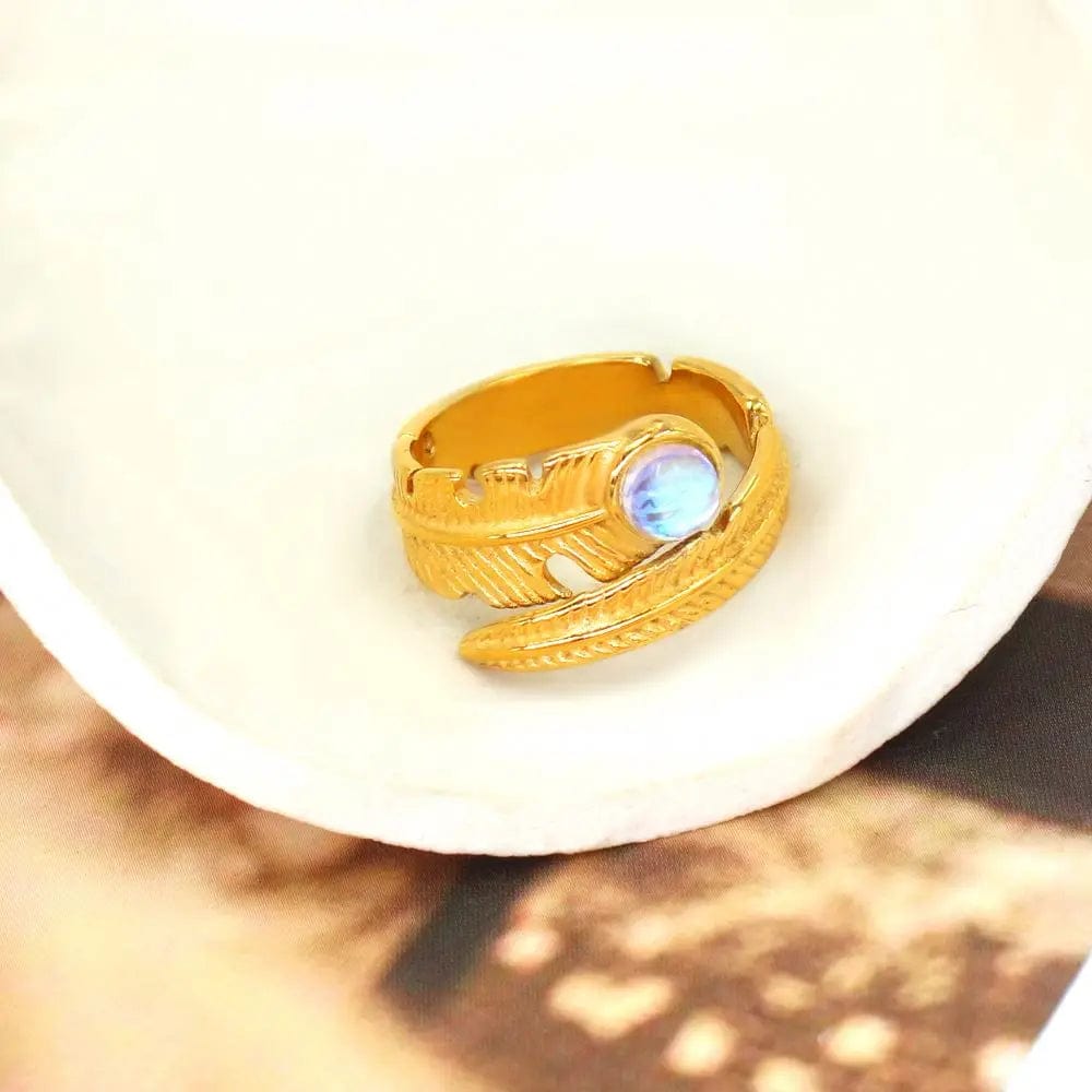 Resizable / Fahionable Jewelry / YS774 Gold Color Ring FANJIN Cubic Zirconia Metal Stainless Steel Waterproof Feather Fashion Gold Color Ring for Women Charm Stylish Jewelry Bijoux