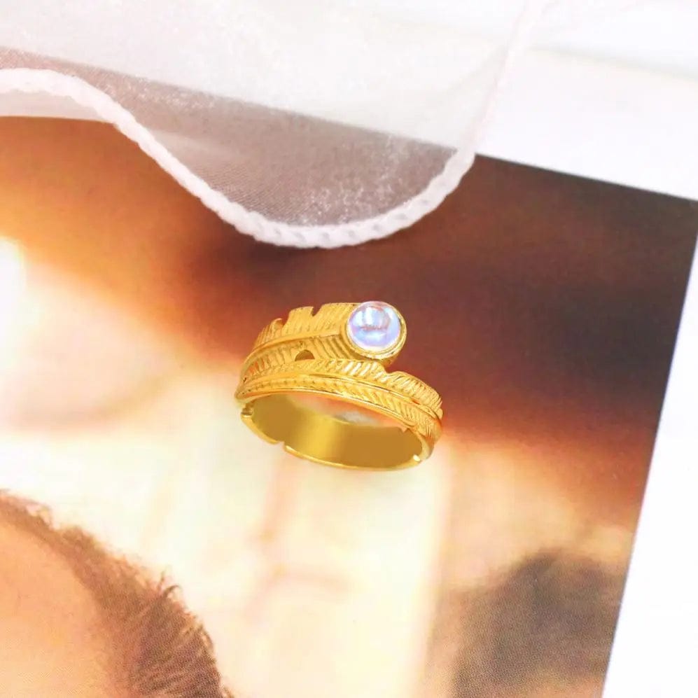 Resizable / Fahionable Jewelry / YS774 Gold Color Ring FANJIN Cubic Zirconia Metal Stainless Steel Waterproof Feather Fashion Gold Color Ring for Women Charm Stylish Jewelry Bijoux