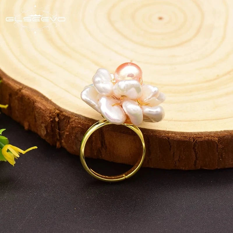 Resizable / GR0237 925 Sterling Silver Ring NaturalBaroque Pearl Flower Adjustable Ring For Women Wedding Engagement Jewelry